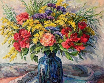Floral Oil Painting: Amaryllis, Mimosa, Limonium Bouquet - Impressionism Art