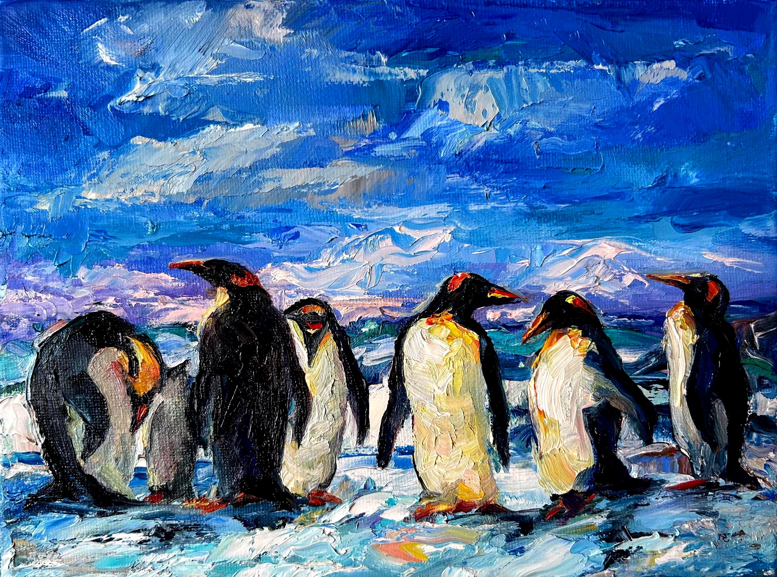ペンギンの油絵：南極海岸の厚塗り技法、キャンバスに手描き - Etsy 日本