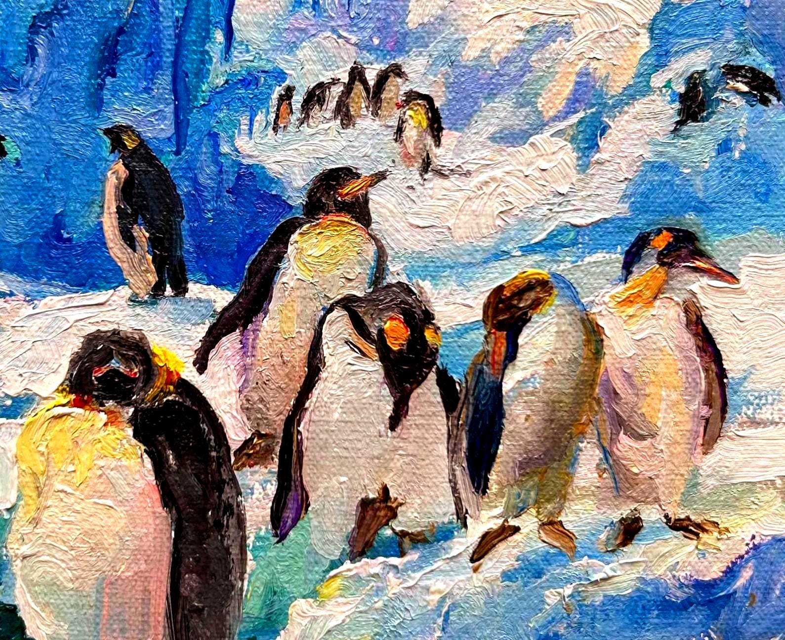 ペンギンの油絵：南極の冬の風景、インパストアート - Etsy 日本