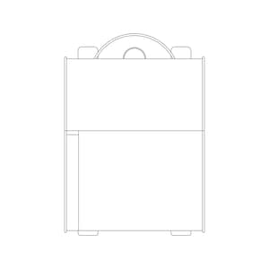 Puede incluir: Un dibujo en blanco y negro de una caja de almacenamiento de CD con una tapa con bisagras. La caja tiene una ranura para un CD en la parte superior y un espacio rectangular para guardar CD debajo.