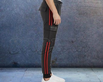 Men's Premium Leather Cargo Pockets Trouser Jogging Street wear Track Suit Joggers With Red Athletic Side Stripes