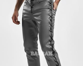 Gray Front Laces Side Leg Laces Men's Leather Pants Jeans Style with Laced Sides
