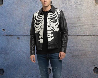 Men's Real Premium Leather Skeleton Print Jacket – Gothic, Punk & Biker Style