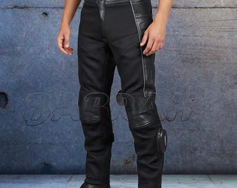 Air Flow Riding Men's Black Leather Mesh Motorcycle Racing Pants Padded Removable Lining Armor Knee Pucks