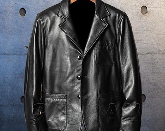 Men's Black Sheepskin Leather Blazer Coat Sheep Leather Blazers Coats Casual Wear