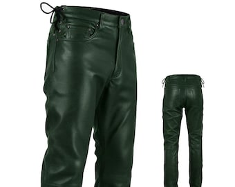 Green Handmade Adjustable Waist Men's Genuine Leather Pants Plain Leather Jeans Leather Streetwear