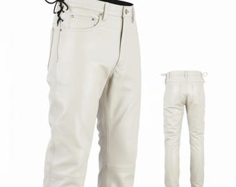 White Handmade Adjustable Waist Men's Genuine Leather Pants Plain Leather Jeans Leather Streetwear