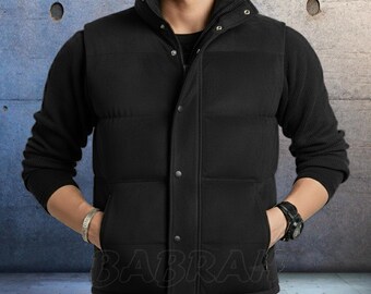 Suede Black Nubuck Genuine Real Leather Puffer Vests Insulated Zipper Vest Insulation Padding Waistcoat