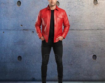 Men's Premium Leather Shirt Full Sleeve Red Snaps Closure