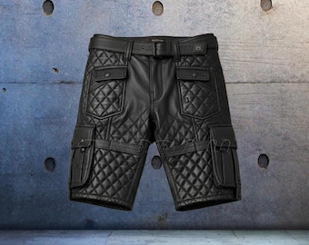 Men's Real Leather Tactical Shorts - Quilted Leather Cargo Shorts with Belt, Hunting & Biker Style Utility Black Shorts for Men