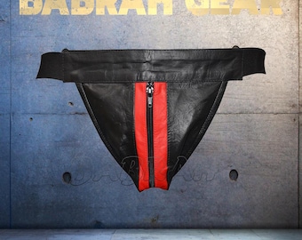 1 Piece Red Stripes Lambskin Leather Jockstrap: Zipper Front, Soft Leather