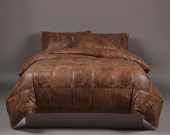 Custom Distressed Brown Leather Look Box-Stitched Duvet Cover, Warm Winter Comforter with Polyester Filling, Modern Gothic Aesthetic Bedding