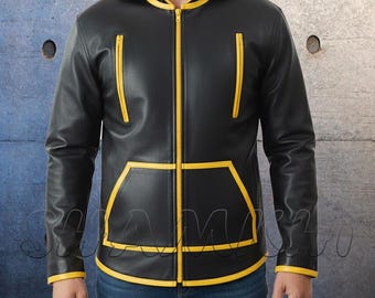 Men's Premium Leather Hoodie Zipper Jacket Real Leather Yellow Piping Hooded Jackets