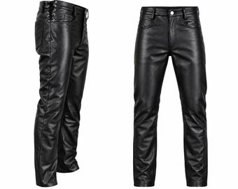 Black Handmade Adjustable Waist Men's Genuine Leather Pants Plain Leather Jeans Leather Streetwear