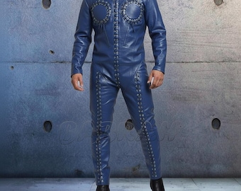 Blue Custom Made Premium Genuine Leather Catsuit: Laces Front, Zipper Back