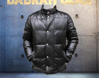 Men's Black Puffer Jacket Genuine Real Leather Biker Casual Motorcycle Riding Zipper Style Jackets