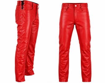 Red Handmade Adjustable Waist Men's Genuine Leather Pants Plain Leather Jeans Leather Streetwear