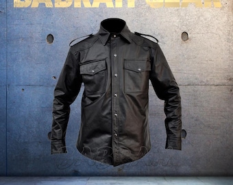 Lambskin Leather Shirt: Black Snaps-Front Uniform with Shoulder Straps