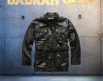 Men's Leather Long Coat Style Motorcycle Jacket: Cargo Pockets With Leather Belt