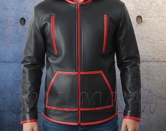 Men's Premium Leather Hoodie Zipper Jacket Real Leather Red Piping Hooded Jackets