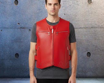 Perforated Premium Red Genuine Leather Motorcycle Vest: Biker Riding Touring Street Vests # 251R