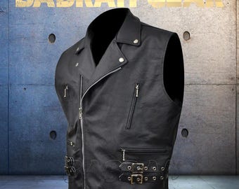 Premium Genuine Leather Motorcycle Vest: Biker Riding Touring Street Zipper Vests # 249