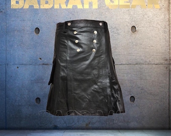 Men's Leather Utility Kilt: Cargo Pockets, Snap Closure