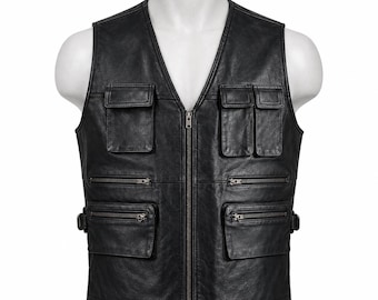 Hunting Outdoor Style Genuine Leather Motorcycle Vest Biker Riding Touring Street Vests # 247