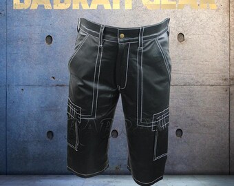 Men's Cowhide Leather Cargo Shorts: Black with White Stitching
