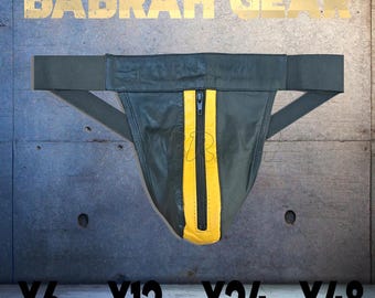 Yellow Stripe Lambskin Leather Jockstrap: Zipper Front, One Size