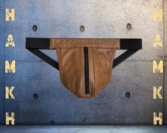 1 Piece Tan Color Lambskin Leather Jockstrap: Zipper Front, Soft Leather