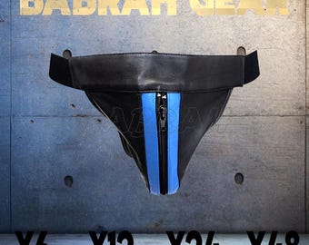 Lambskin Leather Jockstrap: Blue Stripe Zipper Front, Soft Leather