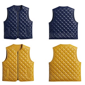 May include: A quilted vest in navy blue and mustard yellow. The vests have a diamond pattern and a full zipper closure. Each vest has two front pockets. The text "BABRAH" is visible on the navy blue vests.