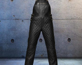 Quilted Design Premium Lambskin Leather Motorcycle Casual Bib Overalls Dungarees New