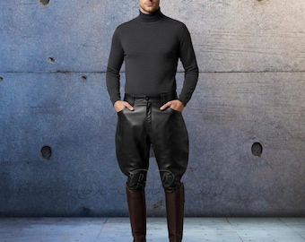 Black Handmade Jodhpurs Men's Genuine Leather Pants Plain Leather Riding Style Pants