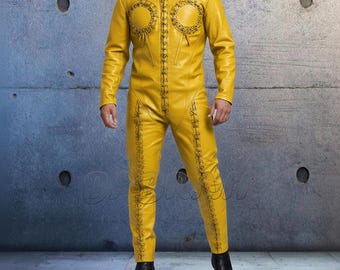 Yellow Custom Made Premium Genuine Leather Catsuit: Laces Front, Zipper Back