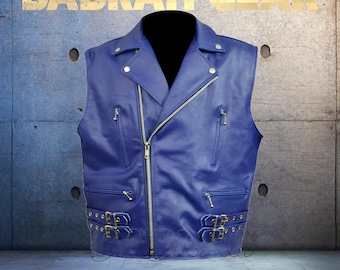 Premium Genuine Blue Leather Motorcycle Vest: Biker Riding Touring Street Vests # 250