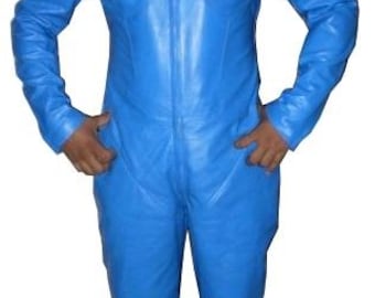 Blue Custom Made Soft Smooth Lambskin Leather Catsuit Front To Back 2-Way Zipper Tailor Made Bespoke Leather Bodysuit Plain Dress Costume