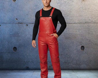 Red Premium Cowhide Genuine Real Leather Motorcycle Casual Bib Overalls Dungarees New