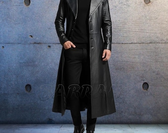 Custom Size Tailor Made Bespoke Genuine Real Leather Long Coat Buttons Front Black Coat