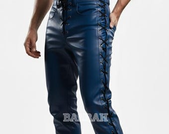 Blue Front Laces Side Leg Laces Men's Leather Pants Jeans Style with Laced Sides