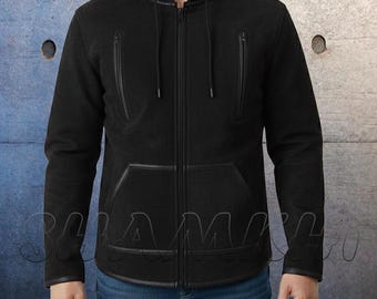 Men's Premium Nubuck Leather Hoodie Zipper Jacket Real Leather Hooded Jackets