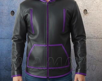 Men's Premium Leather Hoodie Zipper Jacket Real Leather Purple Piping Hooded Jackets