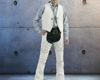 Set White Men's Genuine Real Leather Motorcycle Vest Concho Biker Vests Leather Chaps