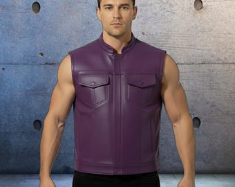 Purple Men's Genuine Real Leather Motorcycle Vest SOA Style Concealed Carry Vests