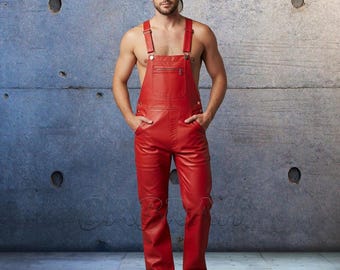 Red Zipper Pocket Premium Cowhide Genuine Real Leather Motorcycle Casual Bib Overalls Dungarees New