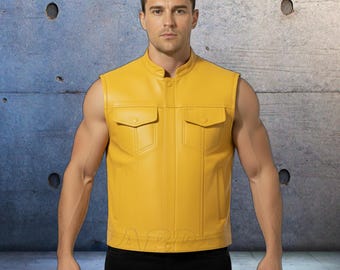 Yellow Men's Genuine Real Leather Motorcycle Vest SOA Style Concealed Carry Vests