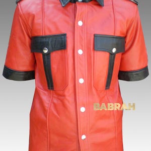 Men&#39;s Leather Shirt Short Sleeve Red Black Leather Shirts New