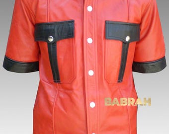 Men's Leather Shirt Short Sleeve Red Black Leather Shirts New