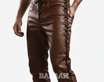 Brown Front Laces Side Leg Laces Men's Leather Pants Jeans Style with Laced Sides